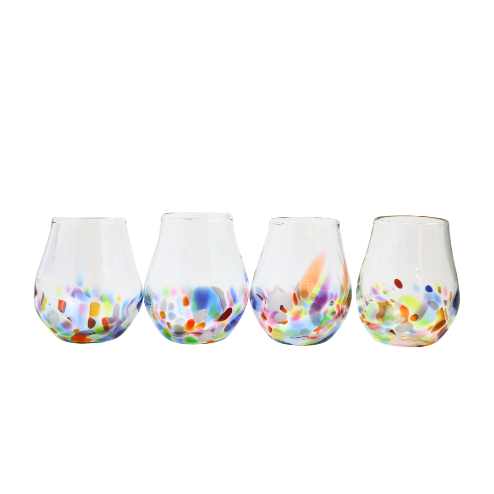 Four stemless wine glasses with colourful bottoms