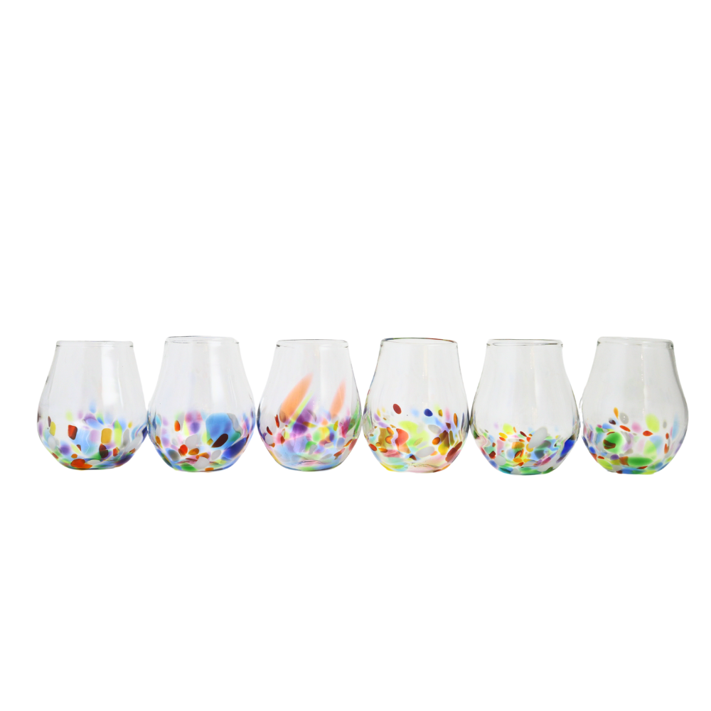 Six stemless wine glasses with colourful bottoms