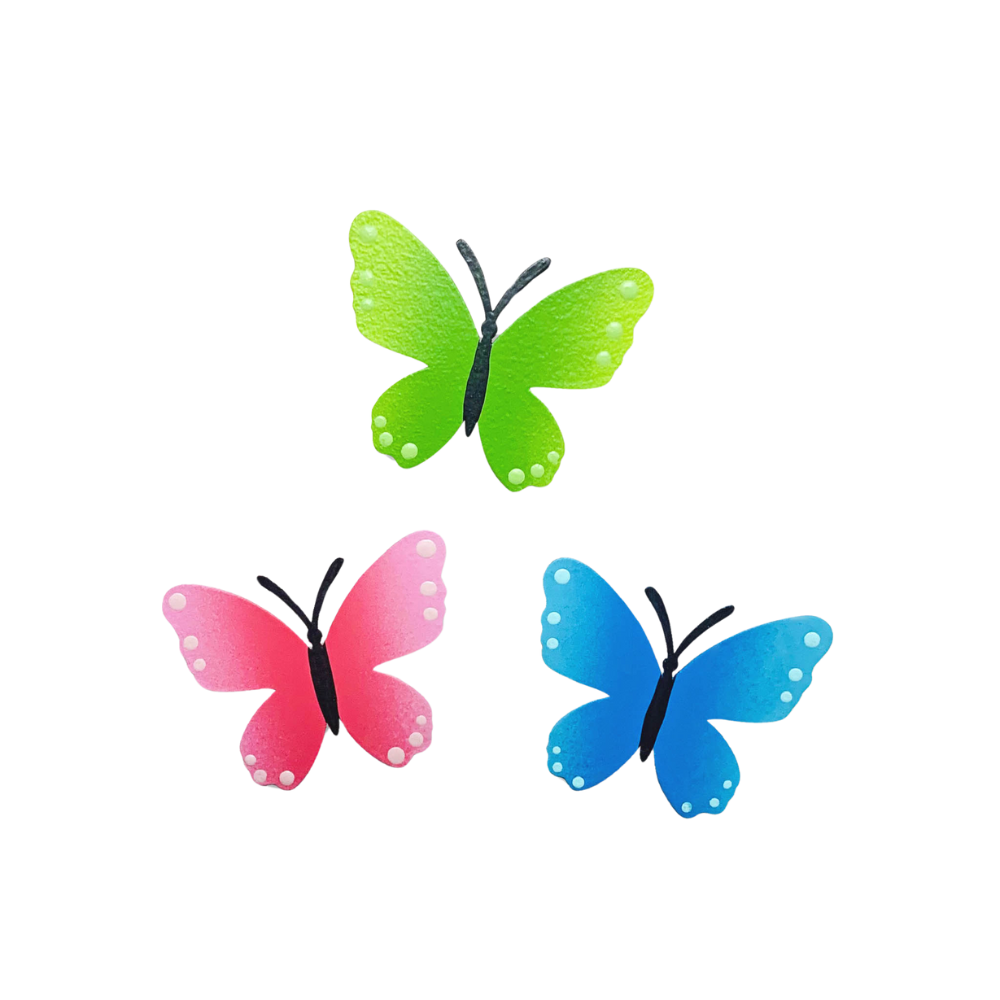 Green, pink and blue butterfly magnets.