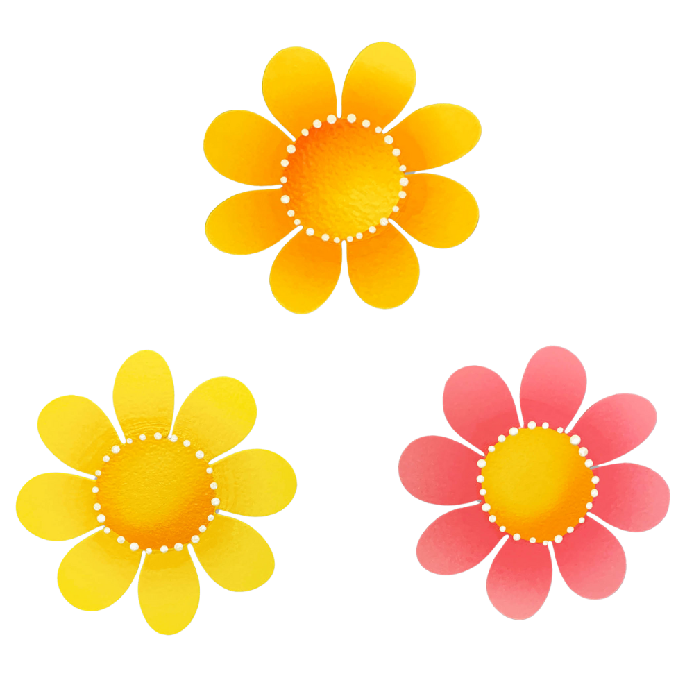 Pink, yellow and orange flower magnets on a transparent background.