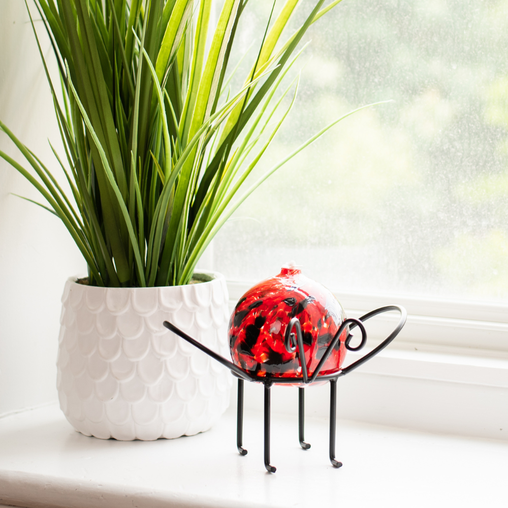 Black and red oil lamp on a black insect garden holder on a white window sill beside a green plant