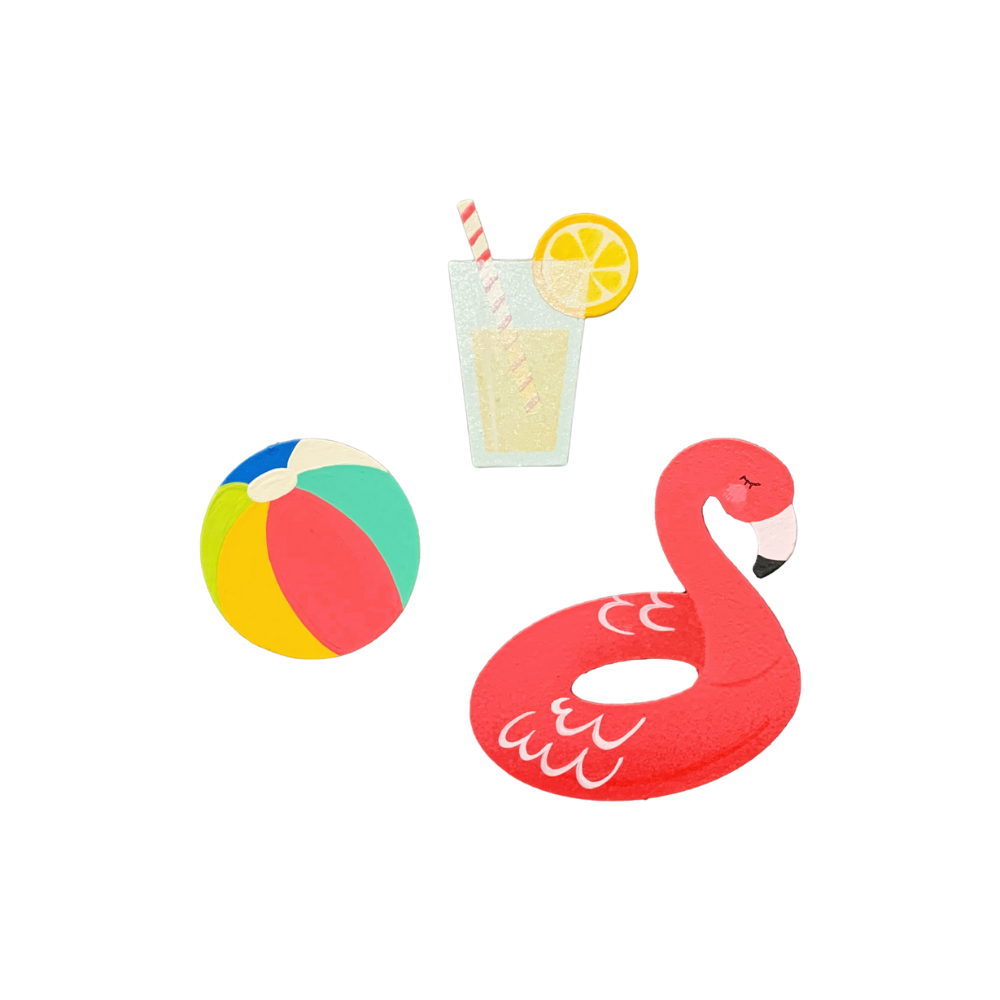 Three magnets with a flamingo float, beach ball and summer drink. 