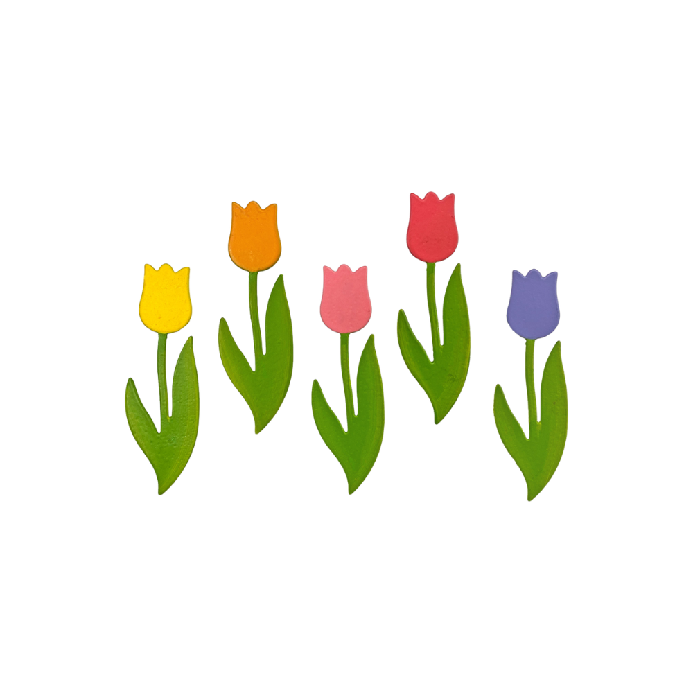 Five tulip magnets in assorted colours on a transparent background. 