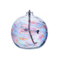 Flat-bottomed glass orb with teal, purple, pink, orange, green and blue coloured glass around the middle and horizontal webbing on a transparent background.